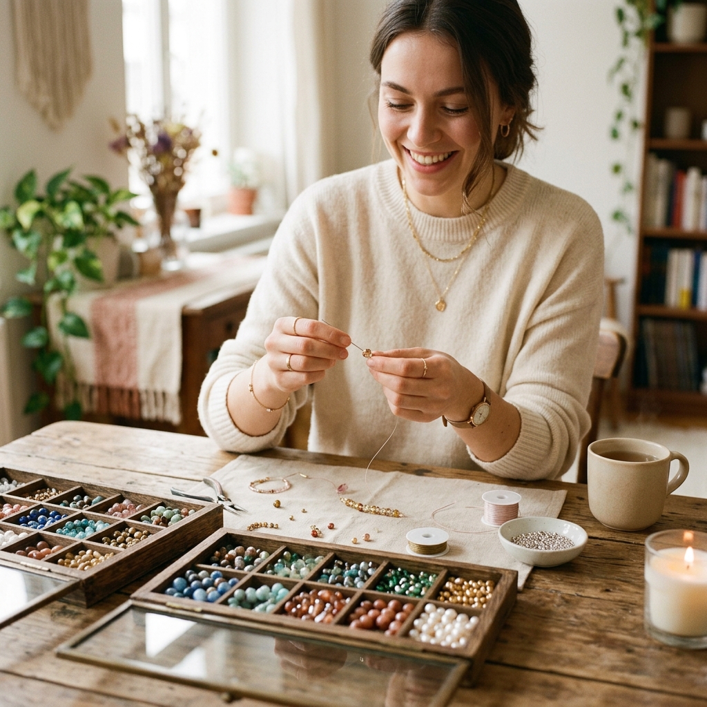 Young woman crafting beaded jewelry happily
